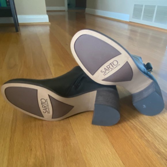 Franco Sarto "Matisse" Black Leather Ankle Bootie Gold Buckle Stacked Heel 6.5 - Picture 7 of 7